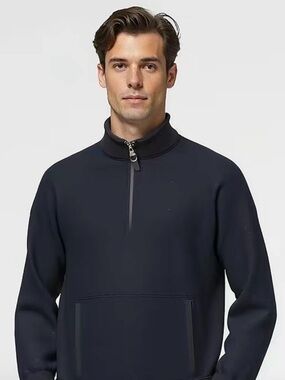Vonga Men’s Quarter Zip Sweater Navy Blue Athleisure Zip Pocket Sweatshirt New